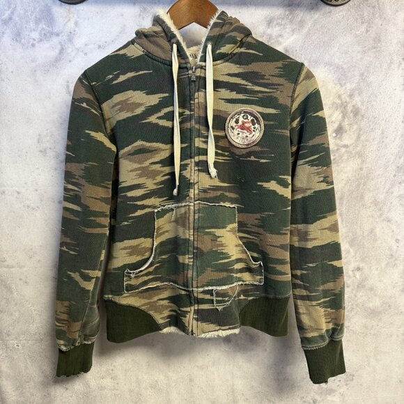 Volcom Camo Hoodie Womens Small 18x21.5 Faux Fut Lined Y2k Camouflage - Picture 1 of 16